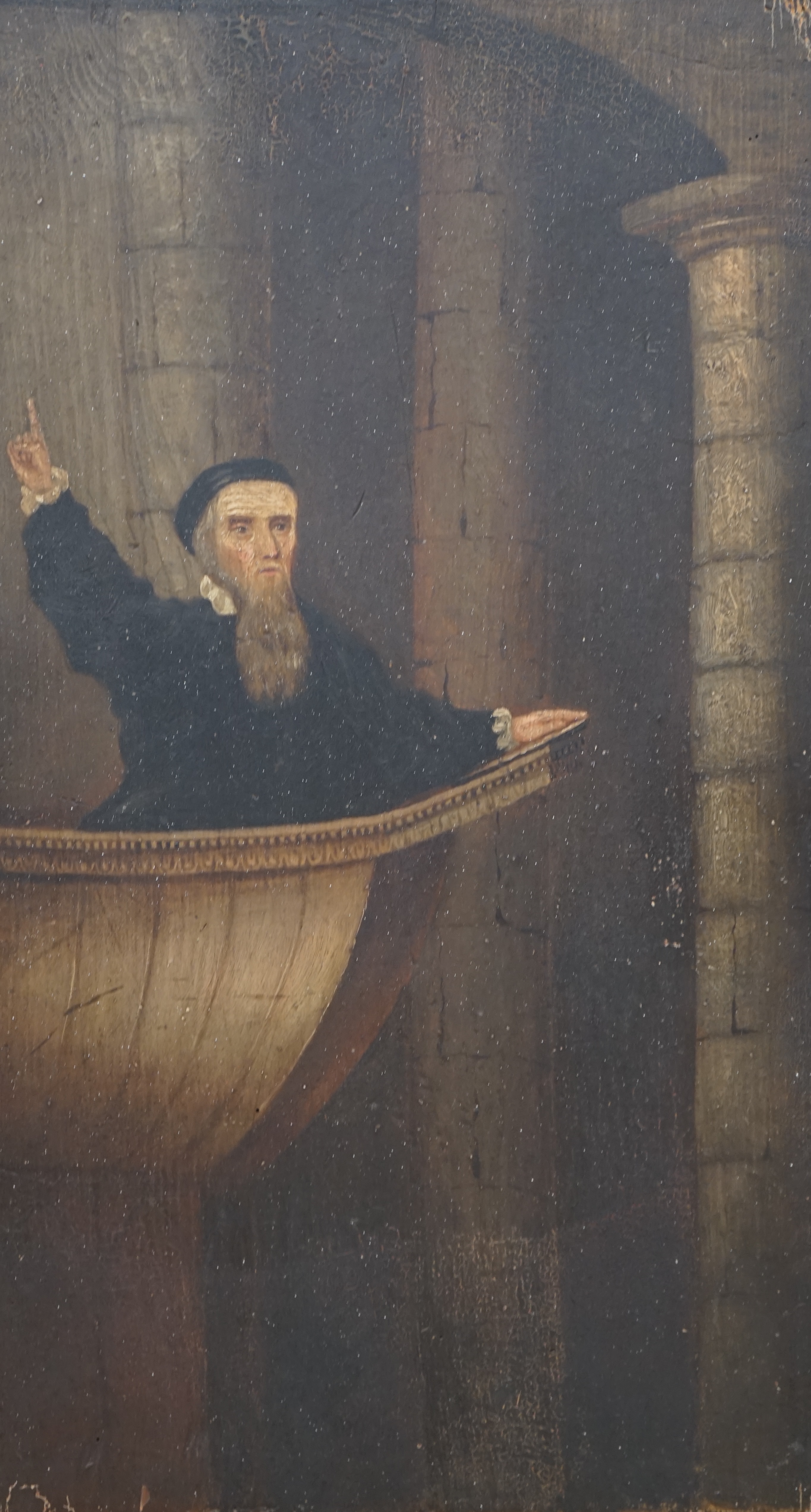 19th century oil on wood panel, John Knox (Scottish c.1514-1572) preaching, indistinctly inscribed in ink verso, 58 x 32cm, unframed. Condition - poor to fair